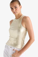 Slim Fit Narrow Cut Halter Neck Ribbed Camisole Shiny Fabric Tank Top