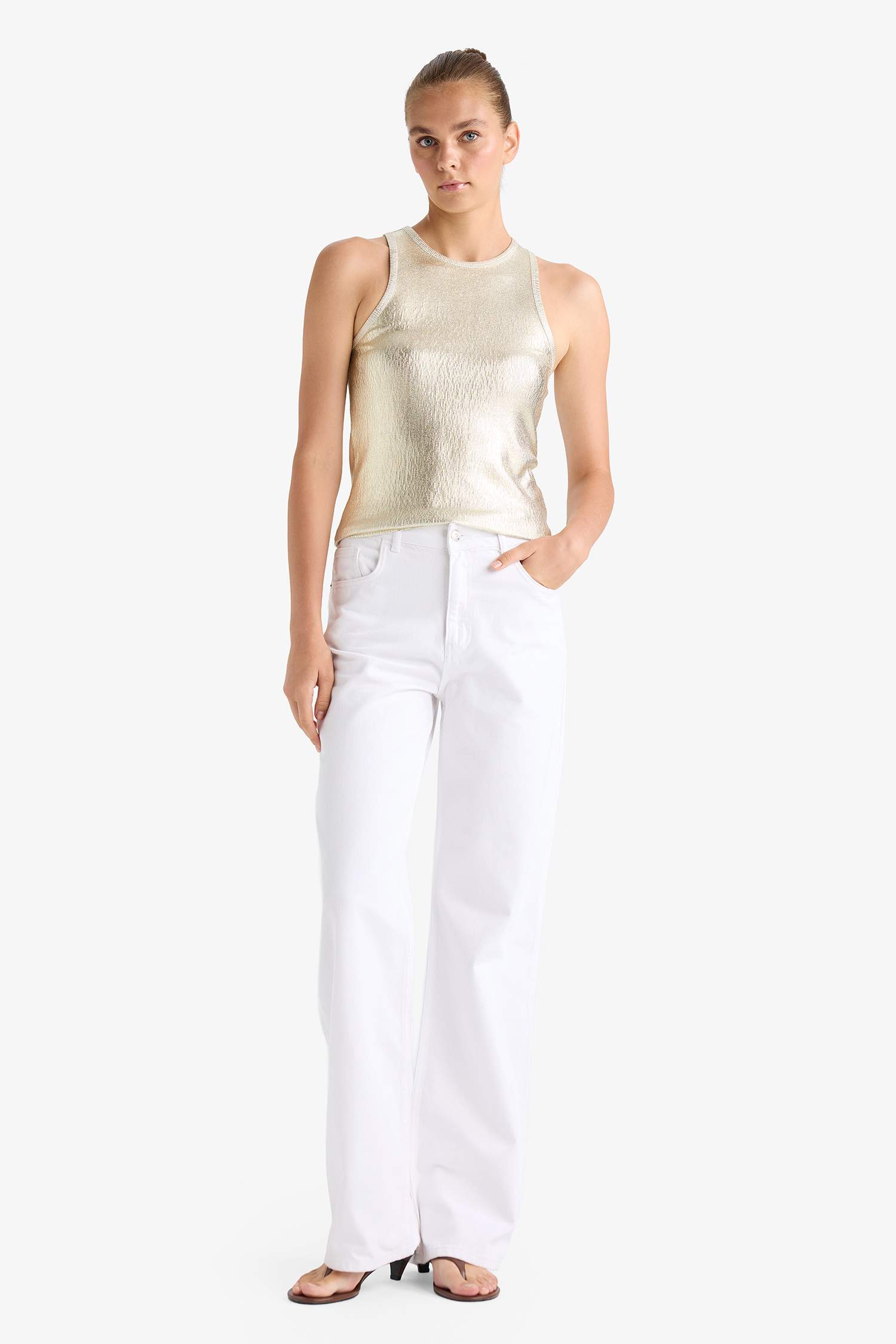 Slim Fit Narrow Cut Halter Neck Ribbed Camisole Shiny Fabric Tank Top