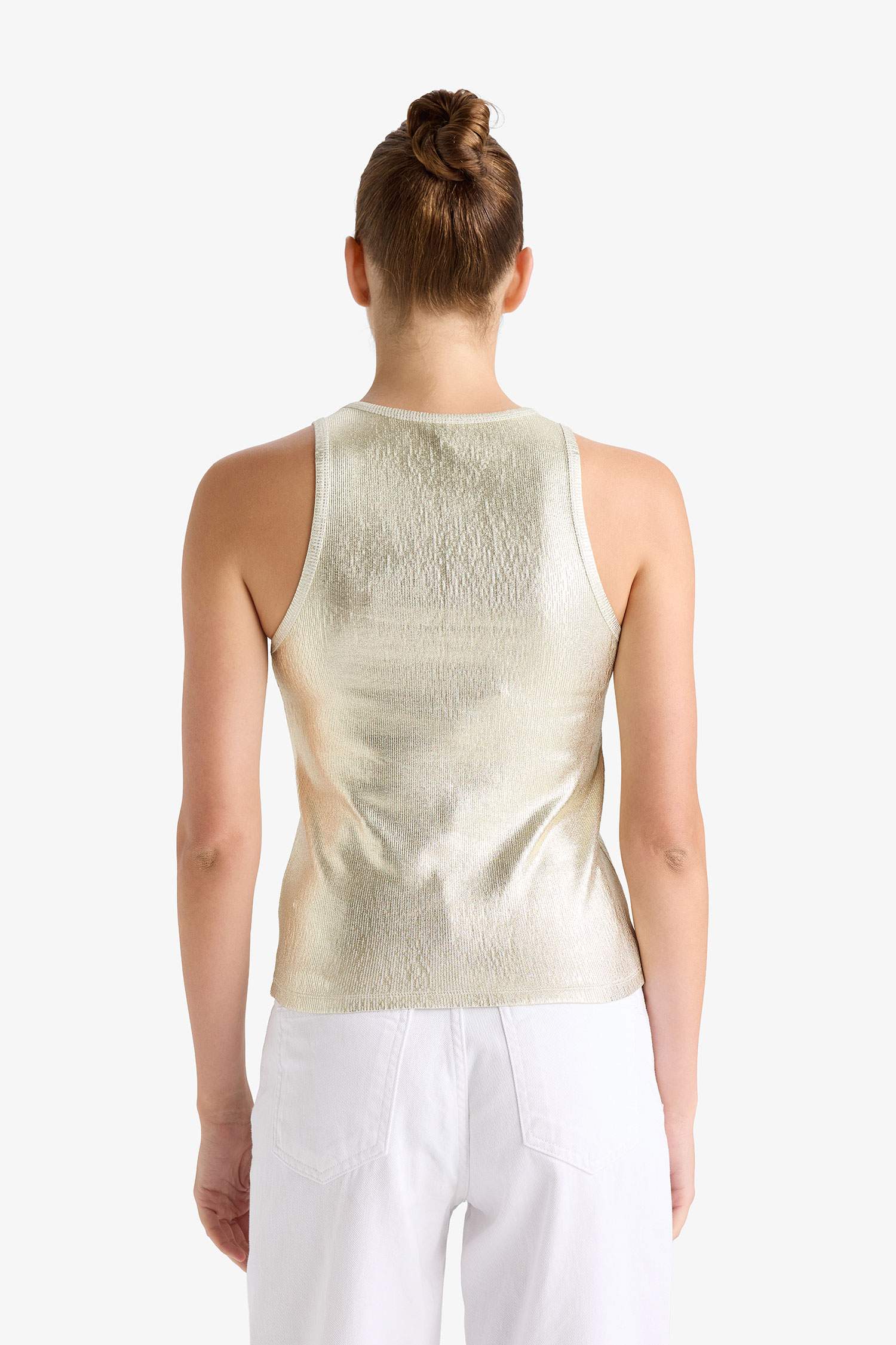 Slim Fit Narrow Cut Halter Neck Ribbed Camisole Shiny Fabric Tank Top