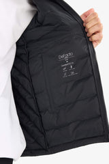 Water-repellent goose down jacket with slim fit, narrow cut, stand-collar, inner pocket detail, and zippered pockets.
