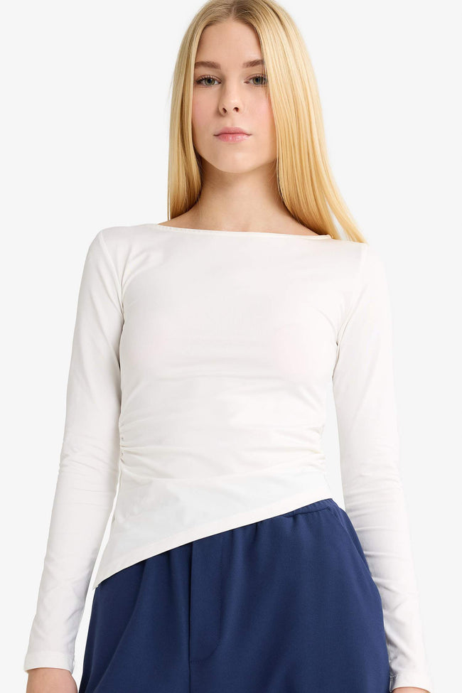 Fitted Crew Neck Ribbed Long Sleeve T-Shirt Hover Image