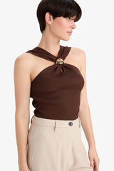 Fitted Ribbed Sleeveless Blouse with Buckle Detail