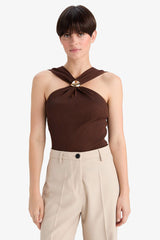 Fitted Ribbed Sleeveless Blouse with Buckle Detail