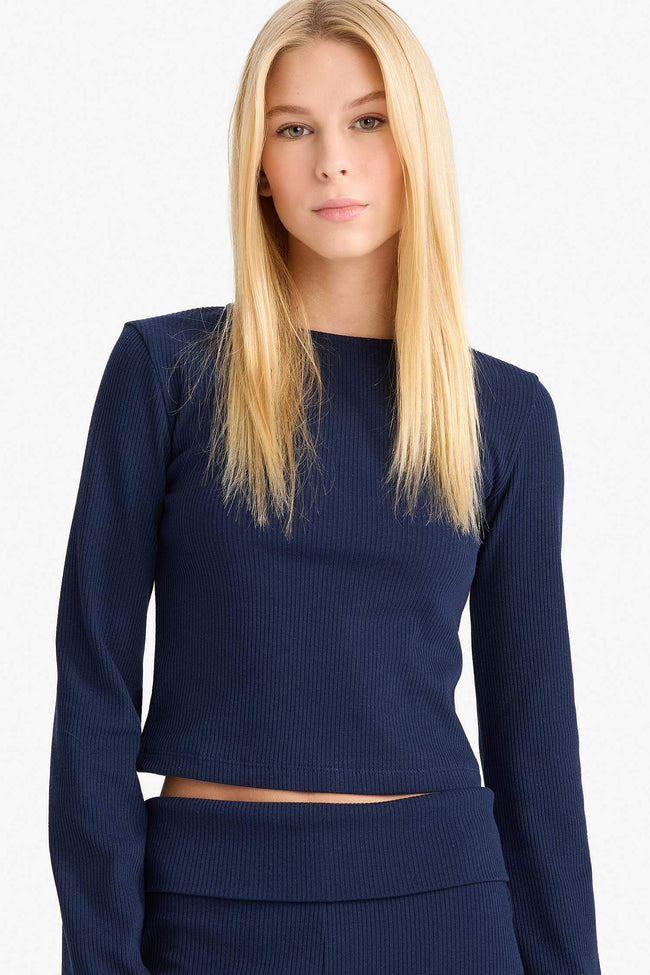 Fitted Crew Neck Ribbed Camisole Long Sleeve T-Shirt Hover Image