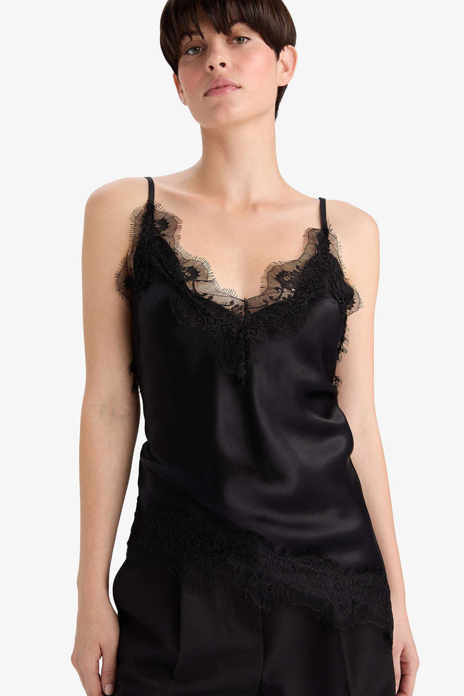 Regular Fit V-Neck Lace Detailed Satin Thin Strappy Blouse Hover Image