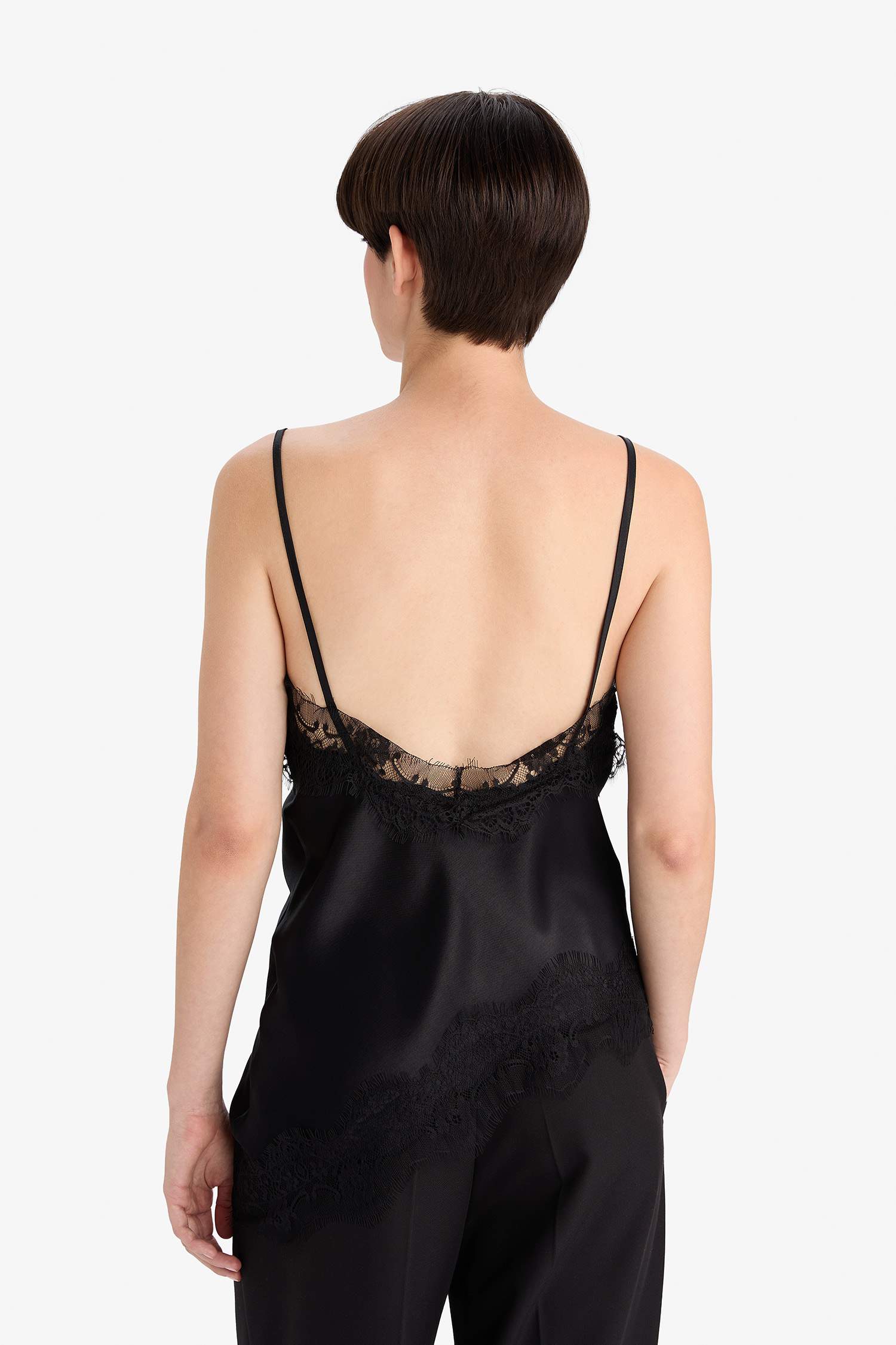 Regular Fit V-Neck Lace Detailed Satin Thin Strappy Blouse