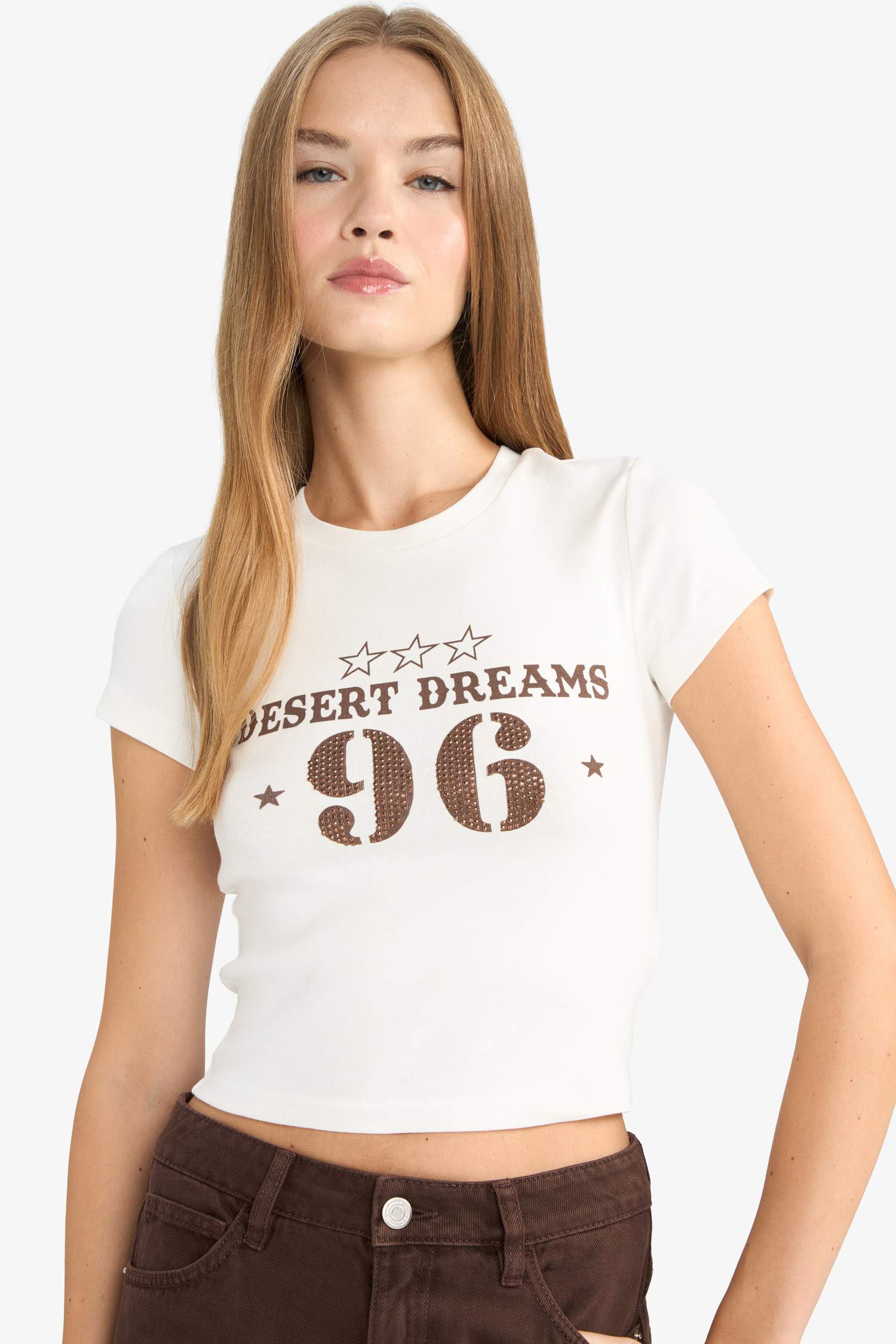 Fitted Crew Neck Printed Ribbed Short-Sleeve T-Shirt