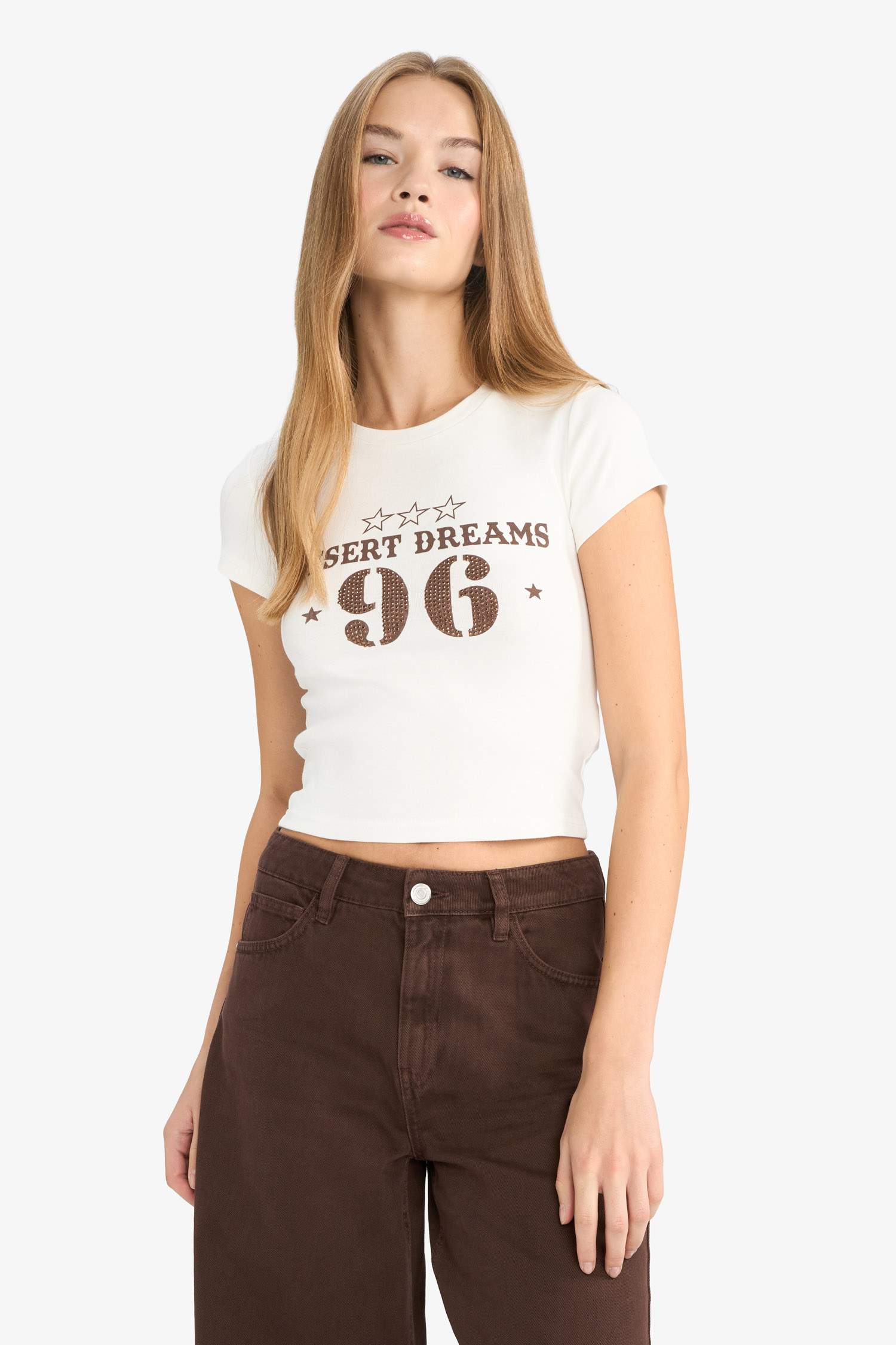 Fitted Crew Neck Printed Ribbed Short-Sleeve T-Shirt