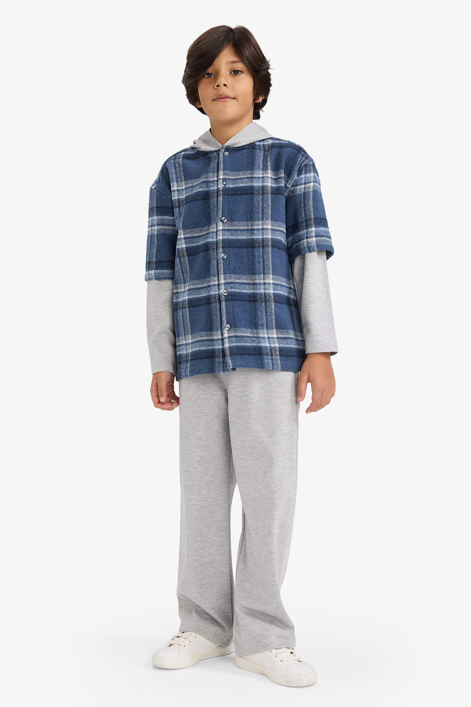 Boys 2-Piece Set: Checked Shirt with Detachable Hood and Sweatpants