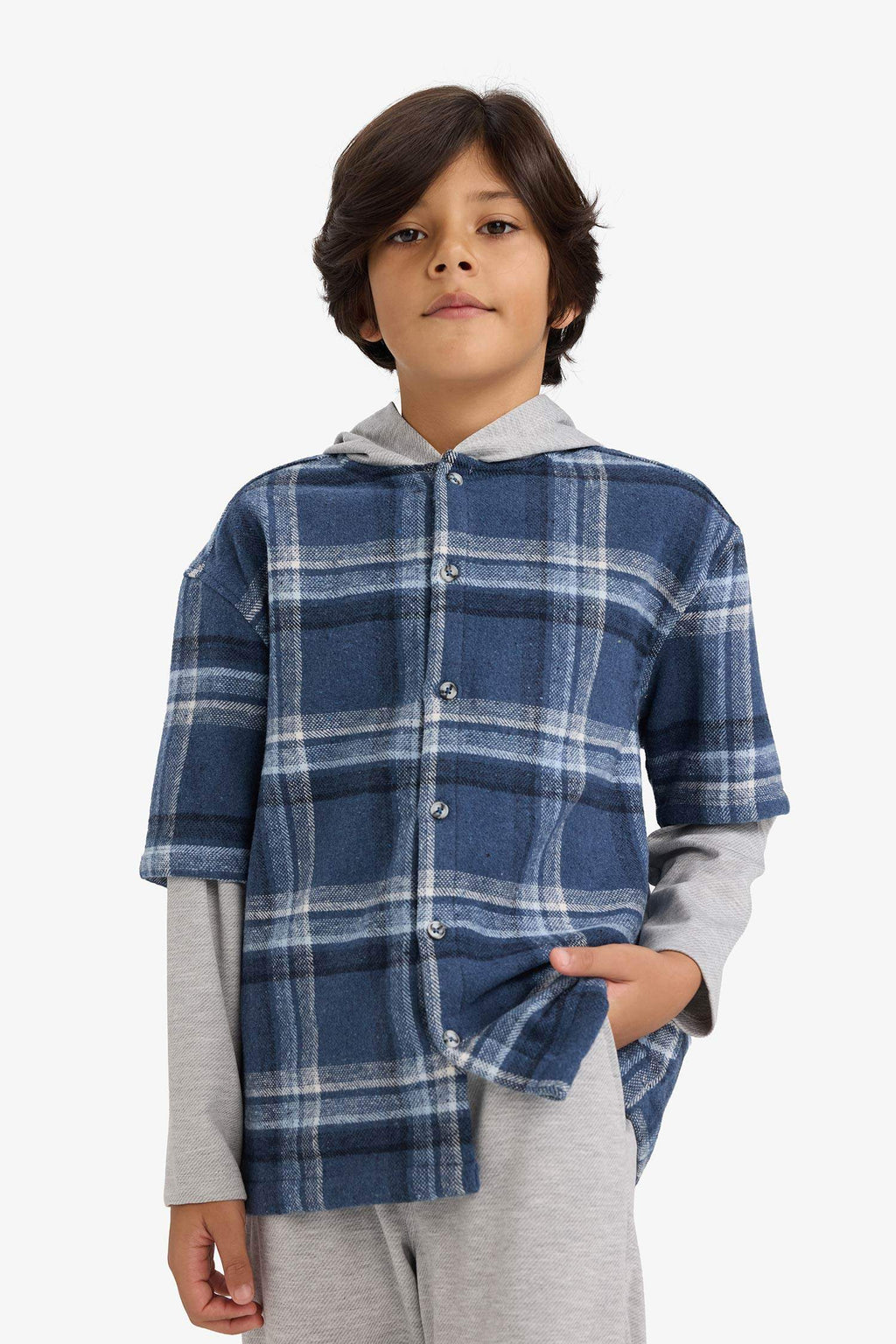 Boys 2-Piece Set: Checked Shirt with Detachable Hood and Sweatpants