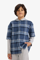 Boys 2-Piece Set: Checked Shirt with Detachable Hood and Sweatpants