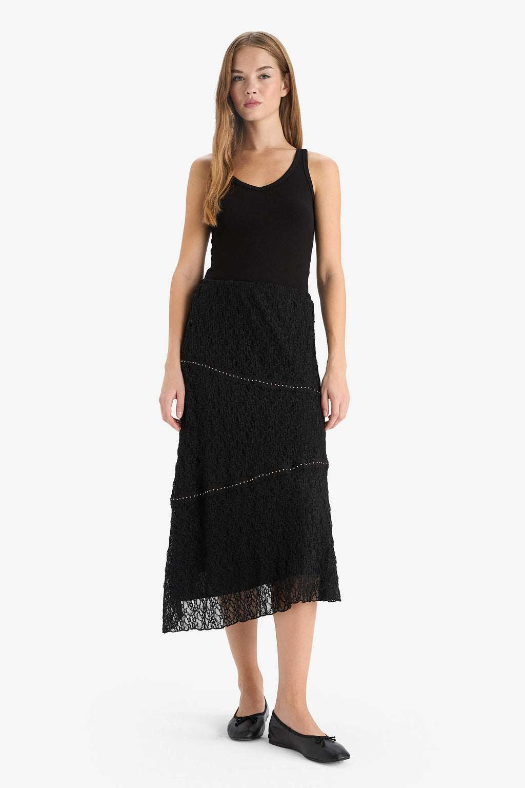 A-Line Regular Waist Lace Midi Skirt