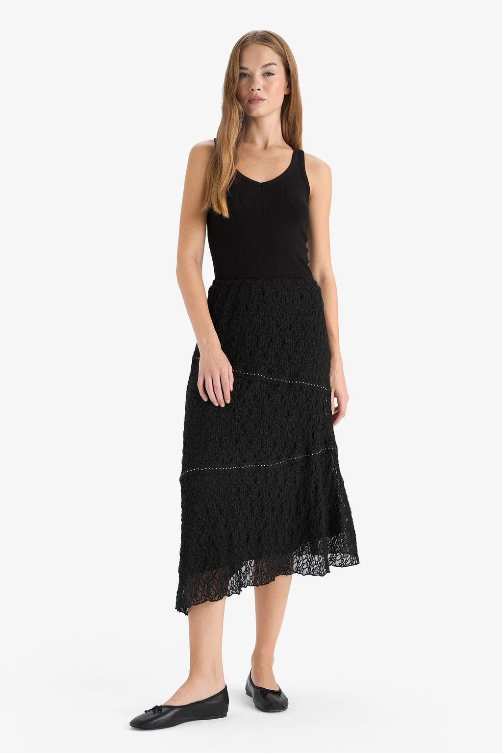 A-Line Regular Waist Lace Midi Skirt