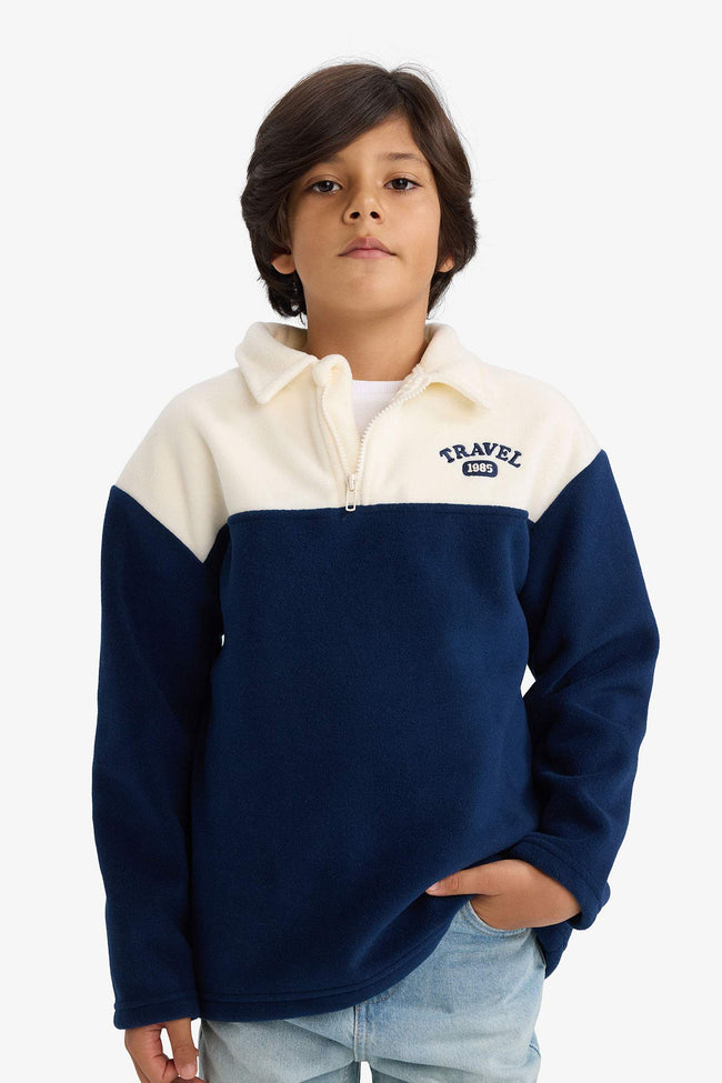 Boys Oversize Loose Fit Polo Collar Half-Zip Printed Fleece Sweatshirt Hover Image