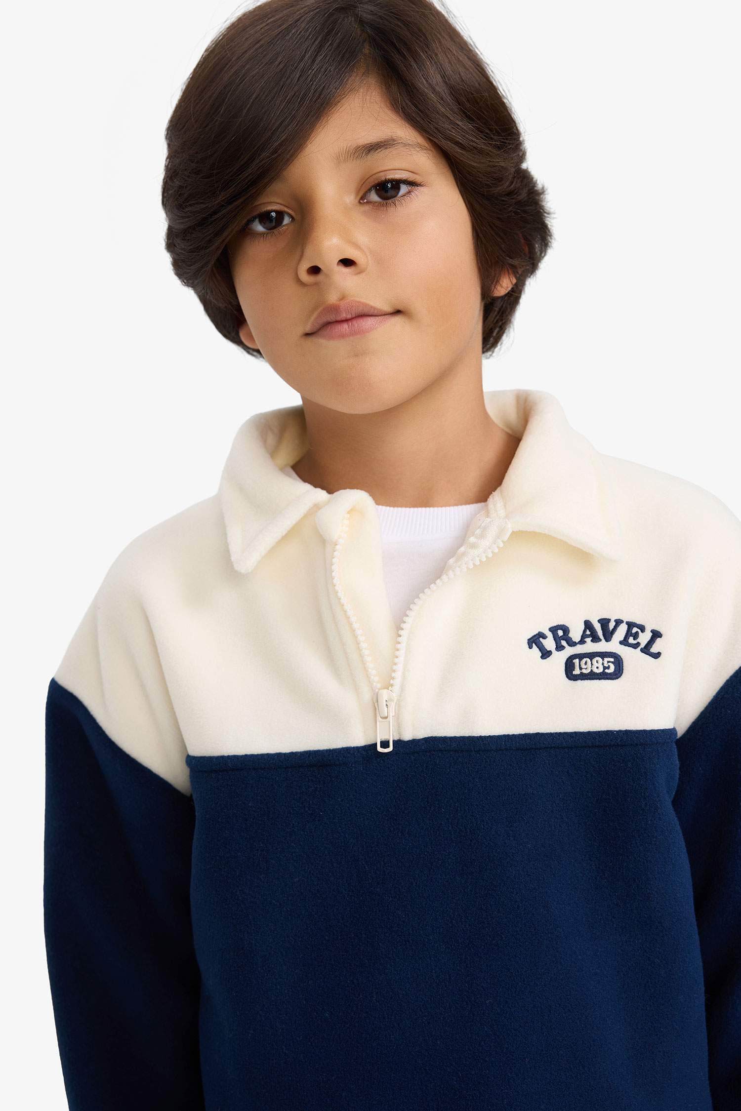 Boys Oversize Loose Fit Polo Collar Half-Zip Printed Fleece Sweatshirt