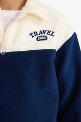 Boys Oversize Loose Fit Polo Collar Half-Zip Printed Fleece Sweatshirt