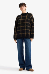 Oversize Loose Fit Half Turtleneck Plaid Knit Sweater