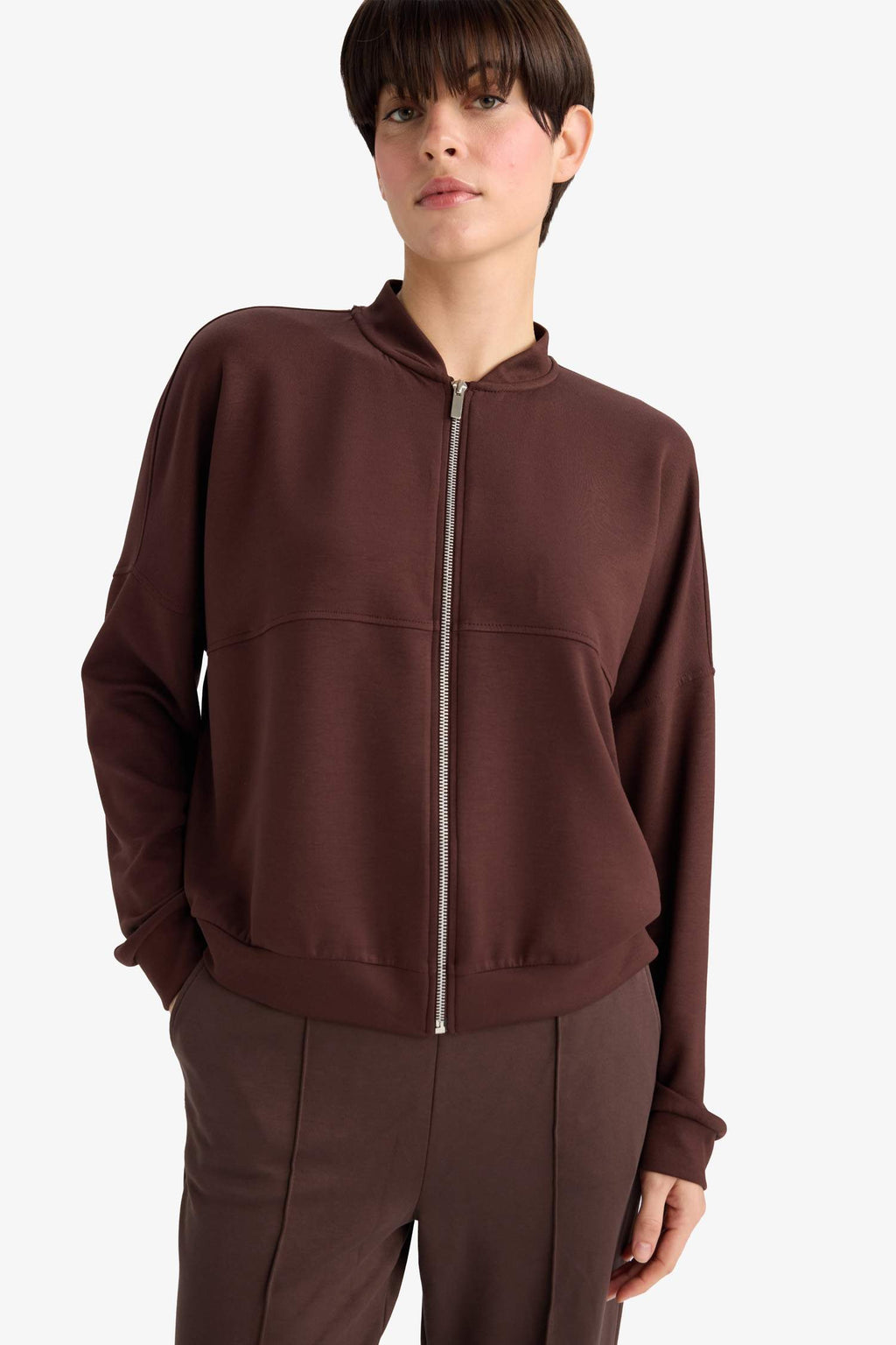 College Collar Basic Plain Zip-Up Bomber Cardigan