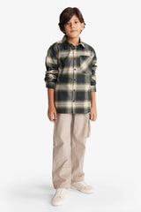 Boys Oversize Wide Pattern Polo Collar Checkered Flannel Long Sleeve Shirt