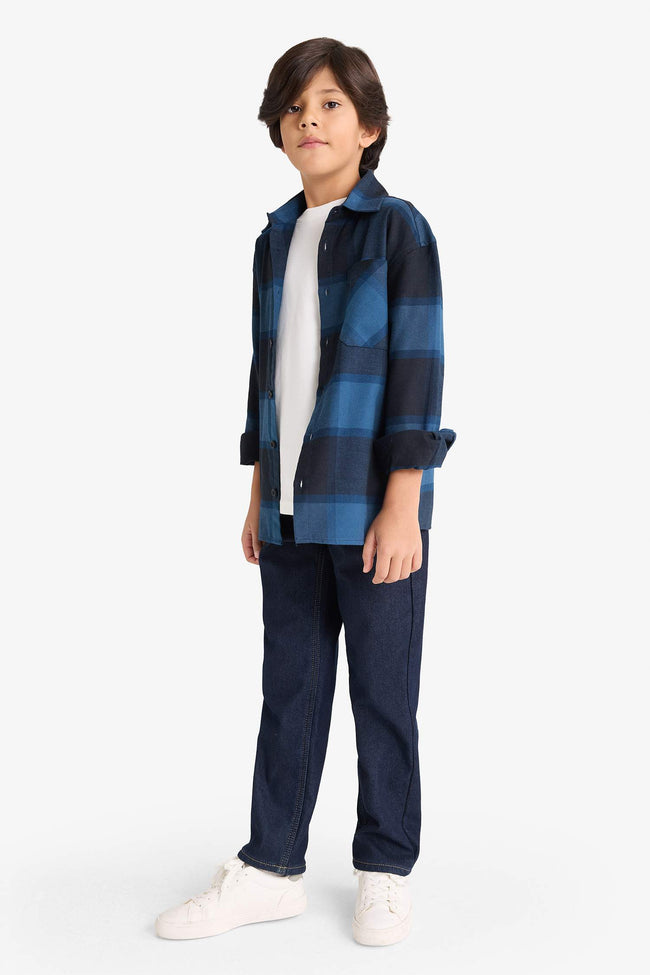 Boys Oversize Loose Fit Polo Collar Plaid Flannel Long-Sleeve Shirt Main Image