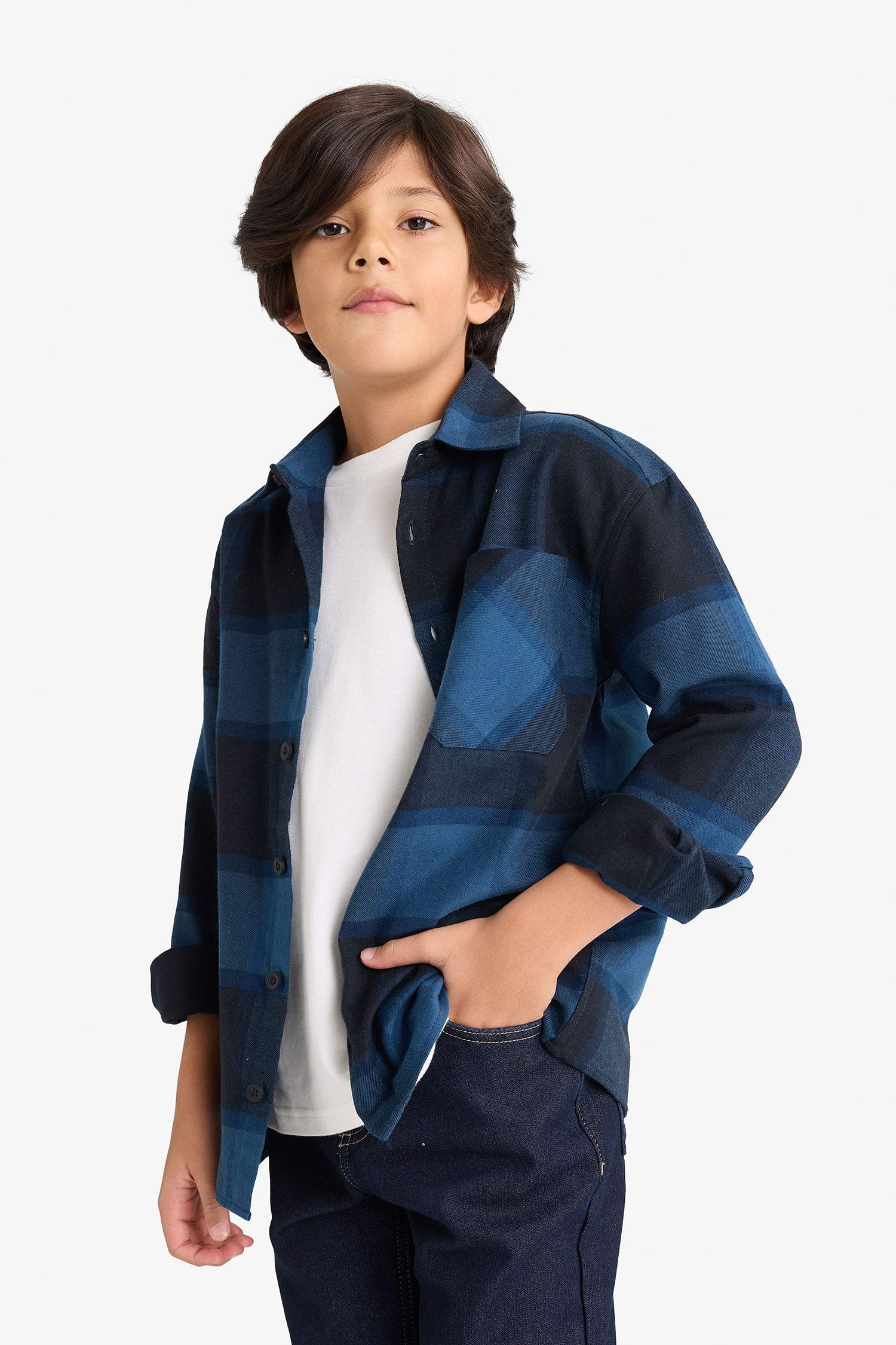 Boys Oversize Loose Fit Polo Collar Plaid Flannel Long-Sleeve Shirt