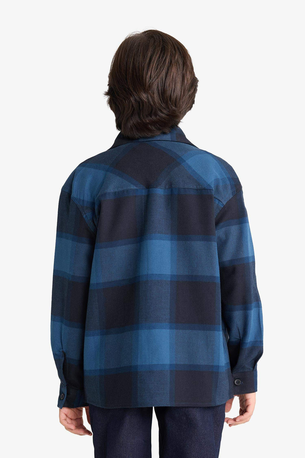 Boys Oversize Loose Fit Polo Collar Plaid Flannel Long-Sleeve Shirt