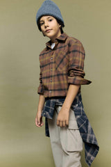 Boys Oversize Loose Fit Polo Collar Plaid Flannel Long-Sleeve Shirt