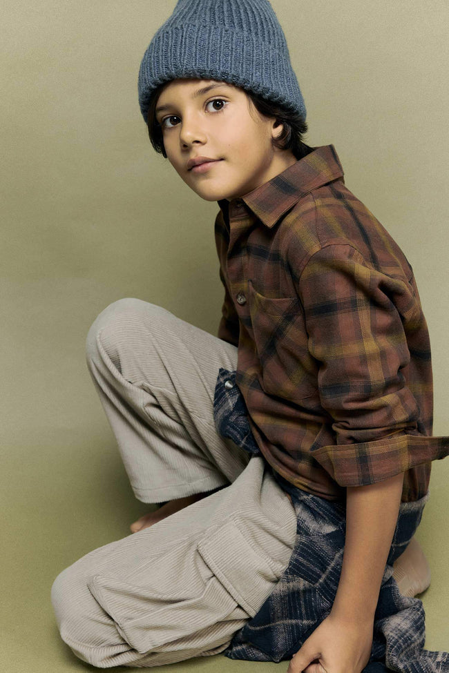 Boys Oversize Loose Fit Polo Collar Plaid Flannel Long-Sleeve Shirt Main Image