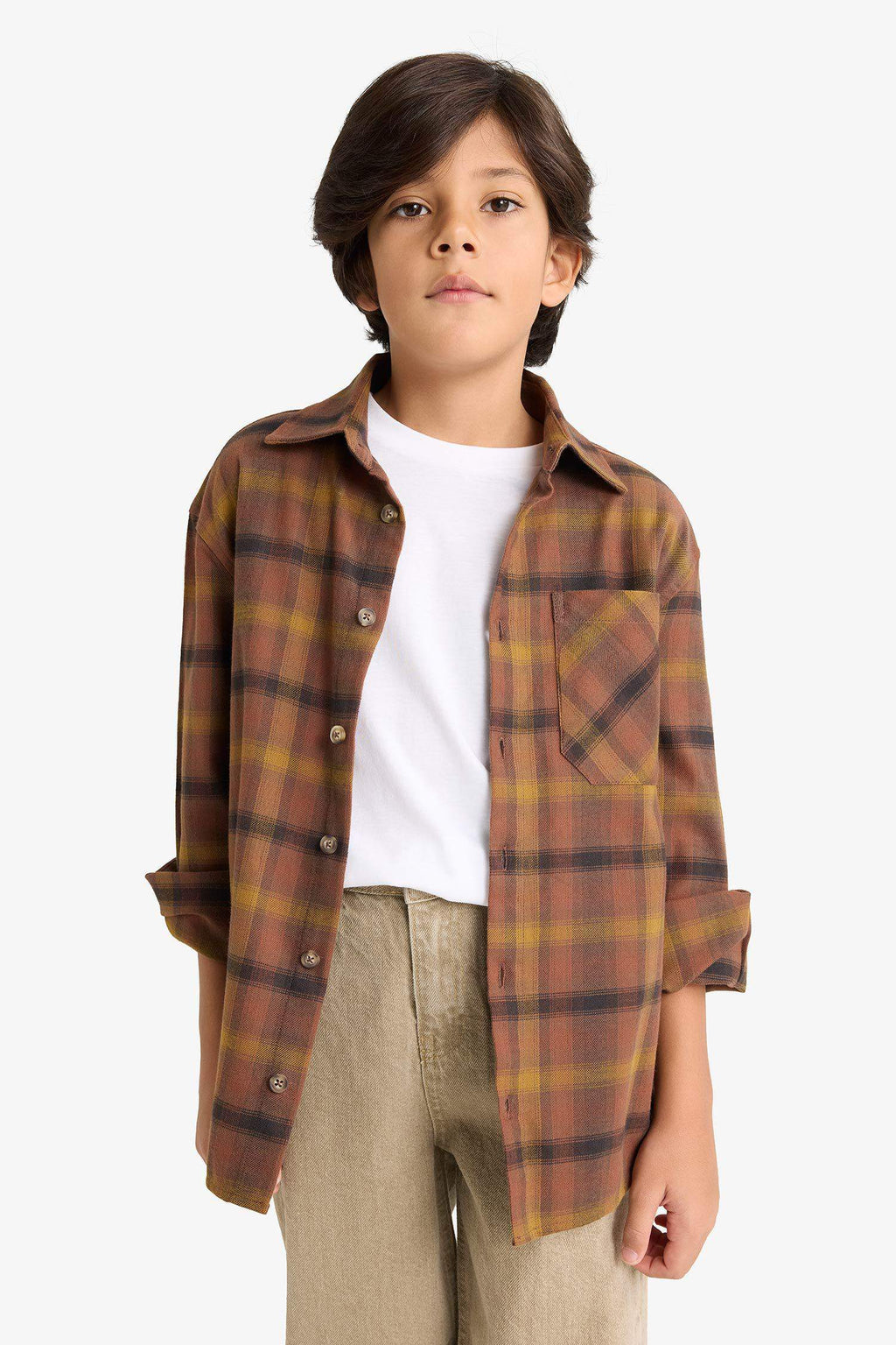 Boys Oversize Loose Fit Polo Collar Plaid Flannel Long-Sleeve Shirt