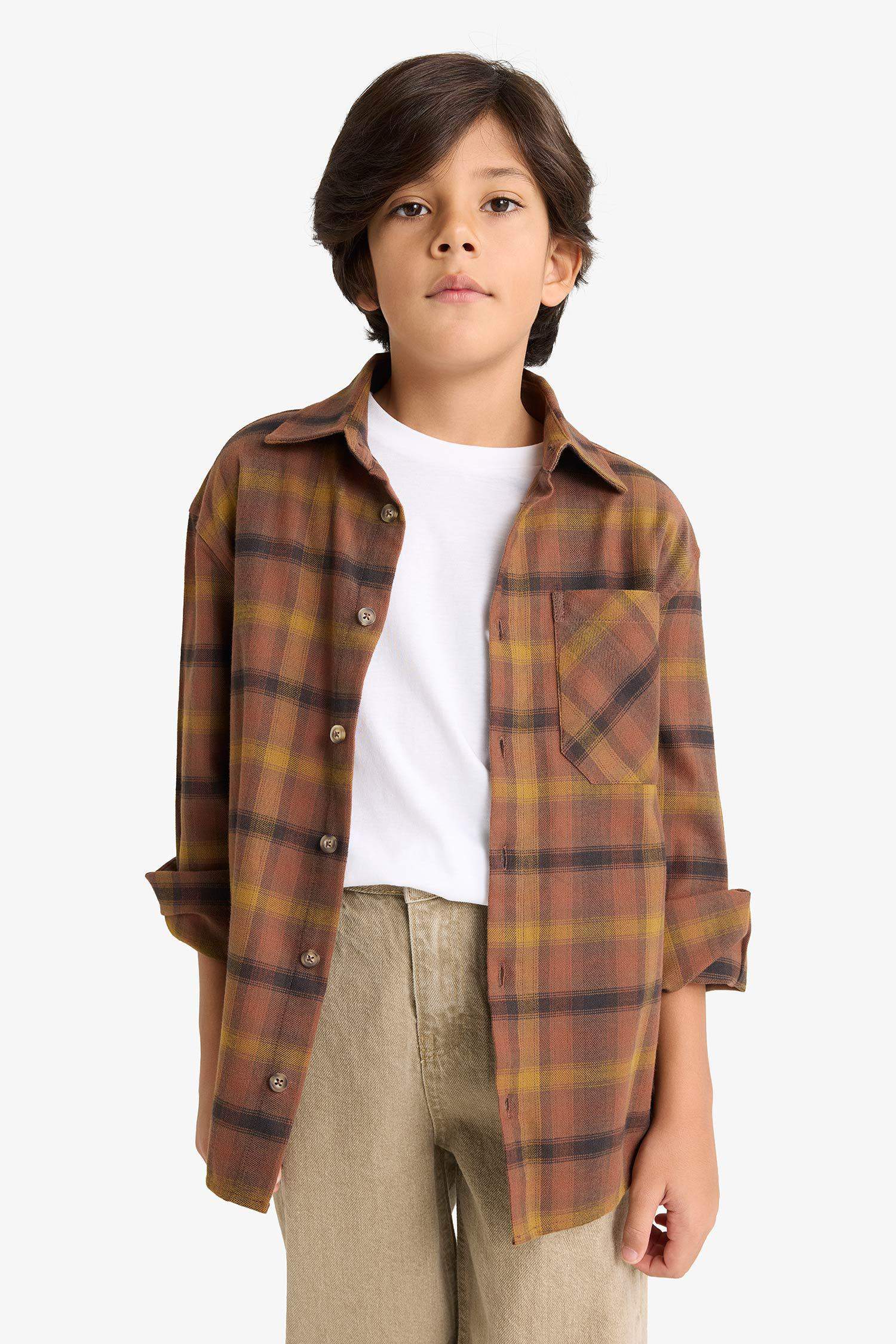 Boys Oversize Loose Fit Polo Collar Plaid Flannel Long-Sleeve Shirt