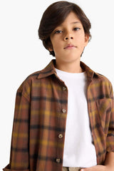Boys Oversize Loose Fit Polo Collar Plaid Flannel Long-Sleeve Shirt