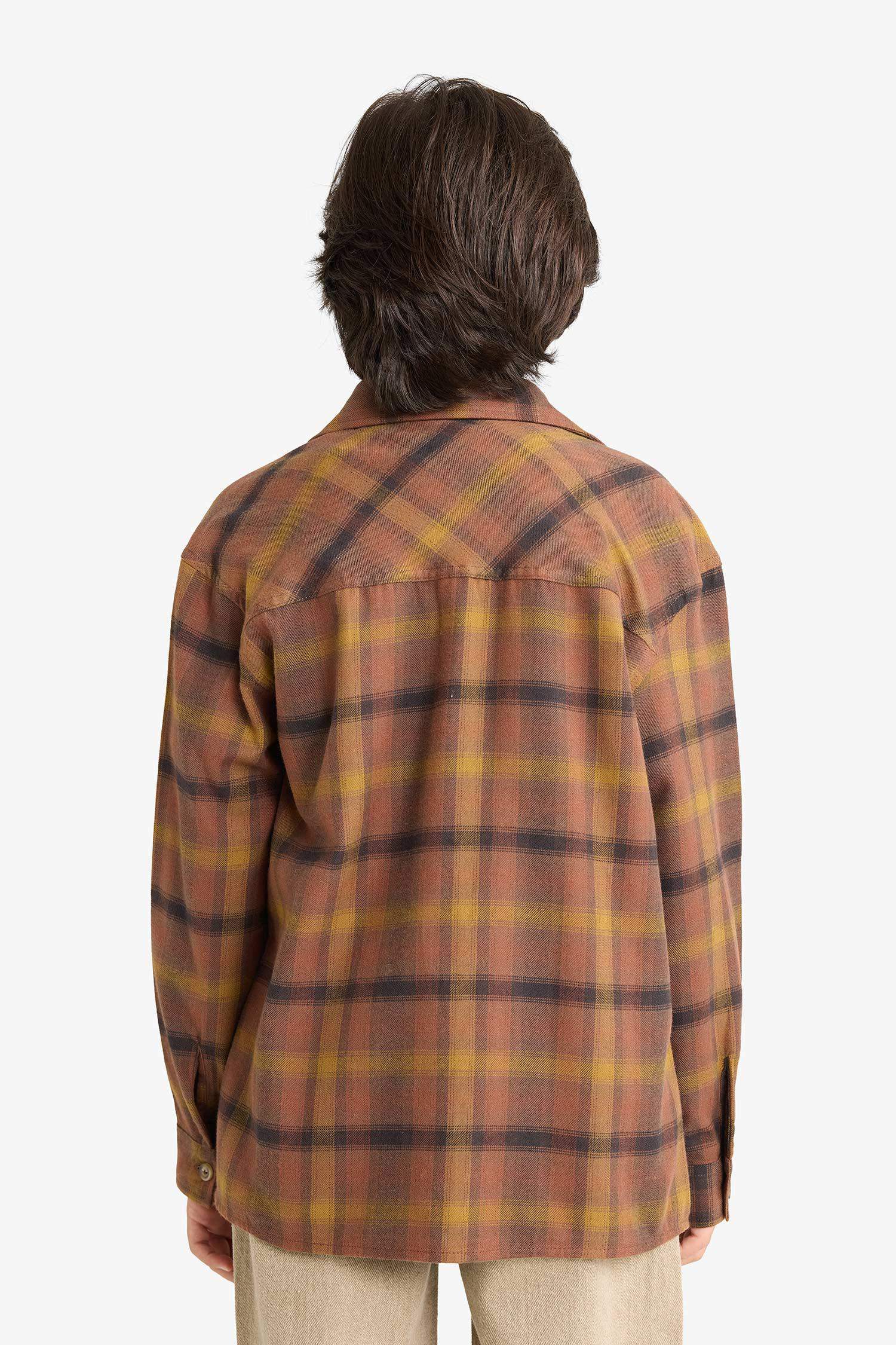 Boys Oversize Loose Fit Polo Collar Plaid Flannel Long-Sleeve Shirt