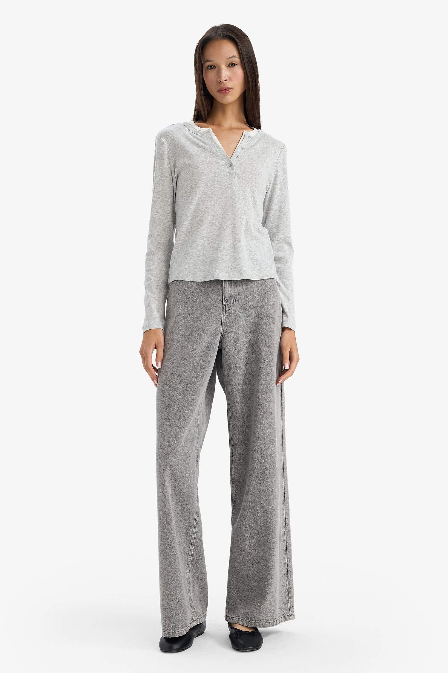 Slim Fit, Narrow Cut, Button-Down Collar, Ribbed Long-Sleeve T-Shirt