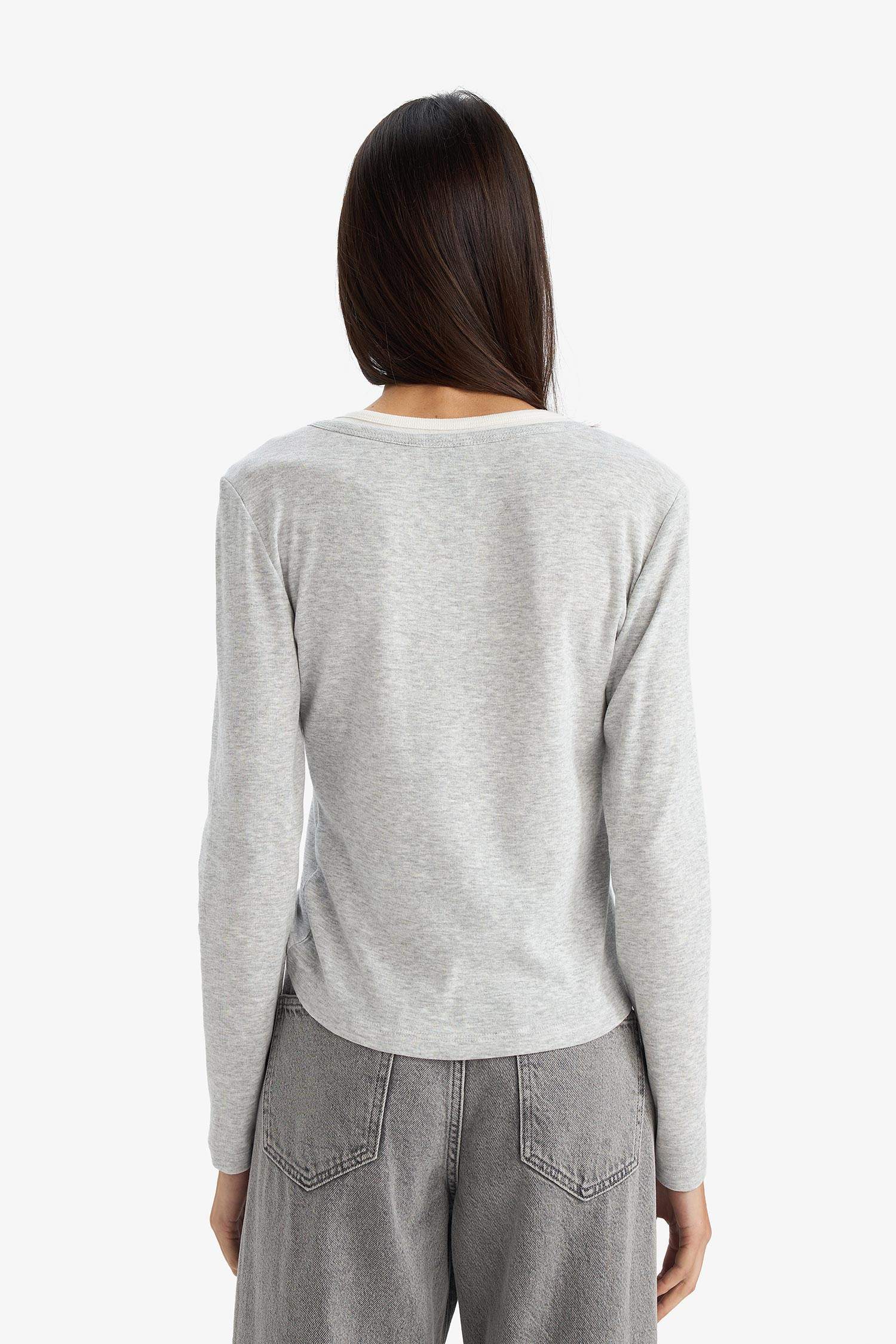 Slim Fit, Narrow Cut, Button-Down Collar, Ribbed Long-Sleeve T-Shirt