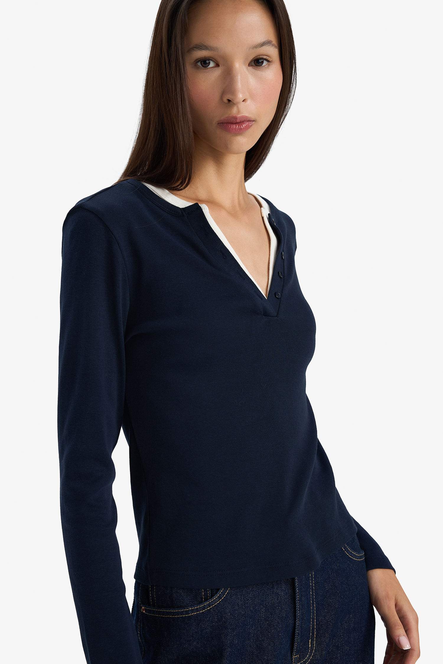 Slim Fit, Narrow Cut, Button-Down Collar, Ribbed Long-Sleeve T-Shirt