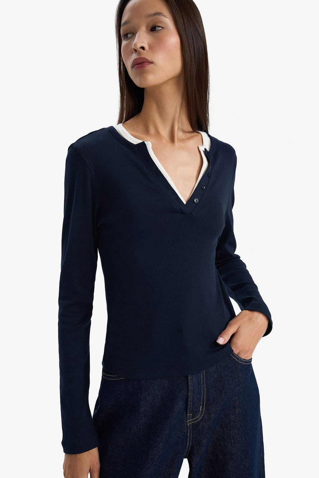 Slim Fit, Narrow Cut, Button-Down Collar, Ribbed Long-Sleeve T-Shirt