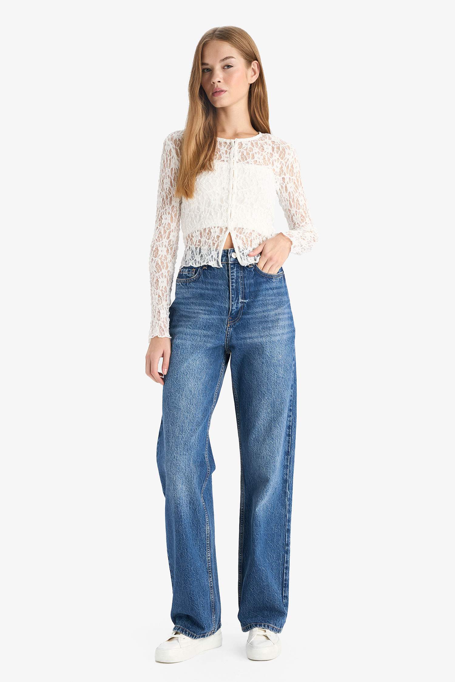 Straight Fit High Waist Long Washed Jeans