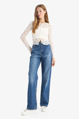 Straight Fit High Waist Long Washed Jeans
