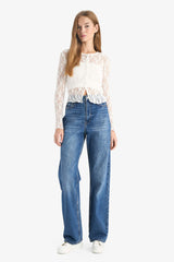 Straight Fit High Waist Long Washed Jeans