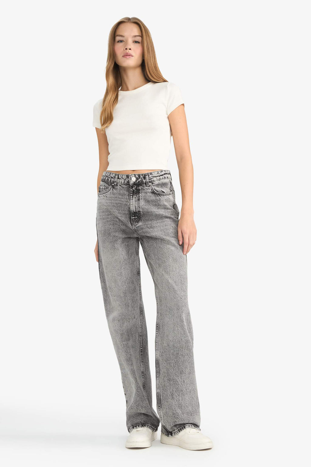 Straight Fit High Waist Long Washed Jeans