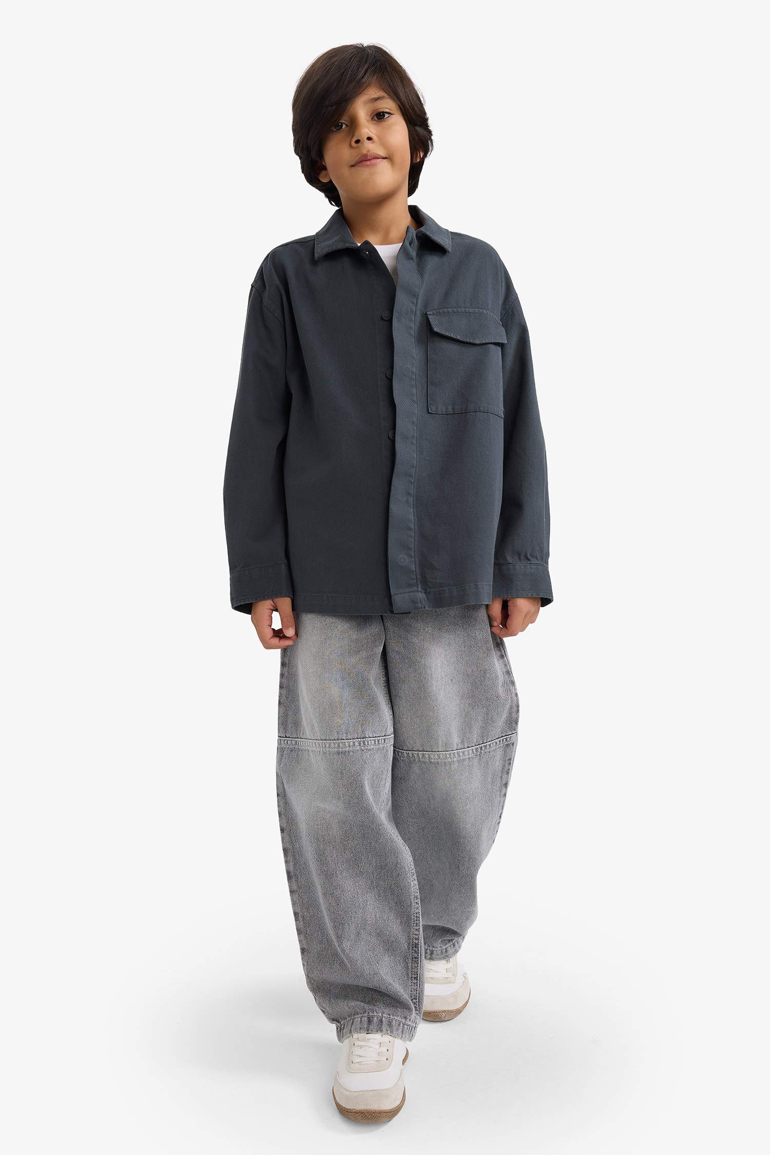 Oversize Wide Fit Polo Collar Long Sleeve Shirt For Boys