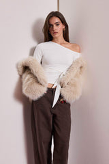 Fitted One-Shoulder Blouse with Tie Detail and Long Sleeves