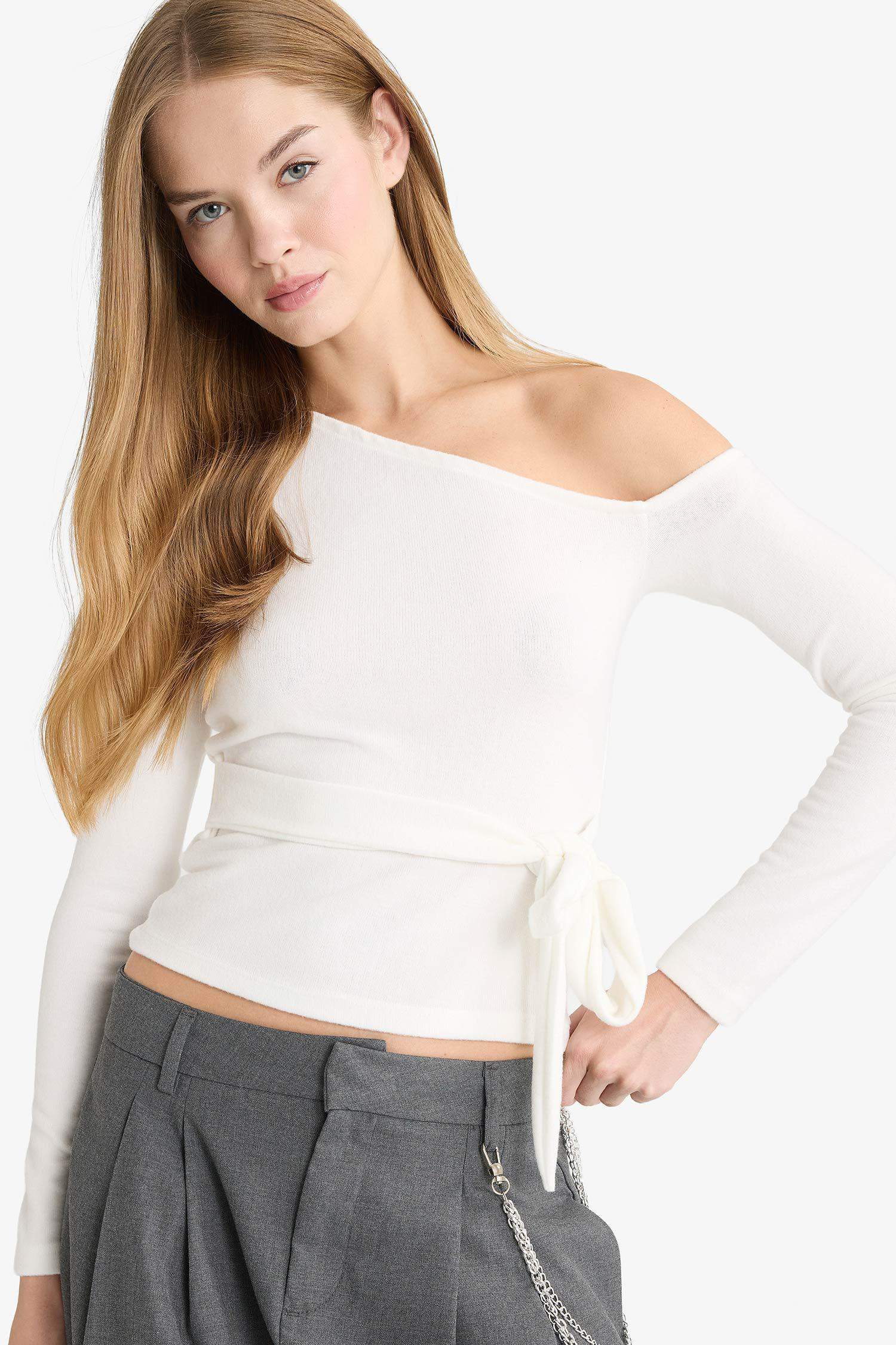 Fitted One-Shoulder Blouse with Tie Detail and Long Sleeves