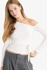 Fitted One-Shoulder Blouse with Tie Detail and Long Sleeves