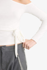 Fitted One-Shoulder Blouse with Tie Detail and Long Sleeves