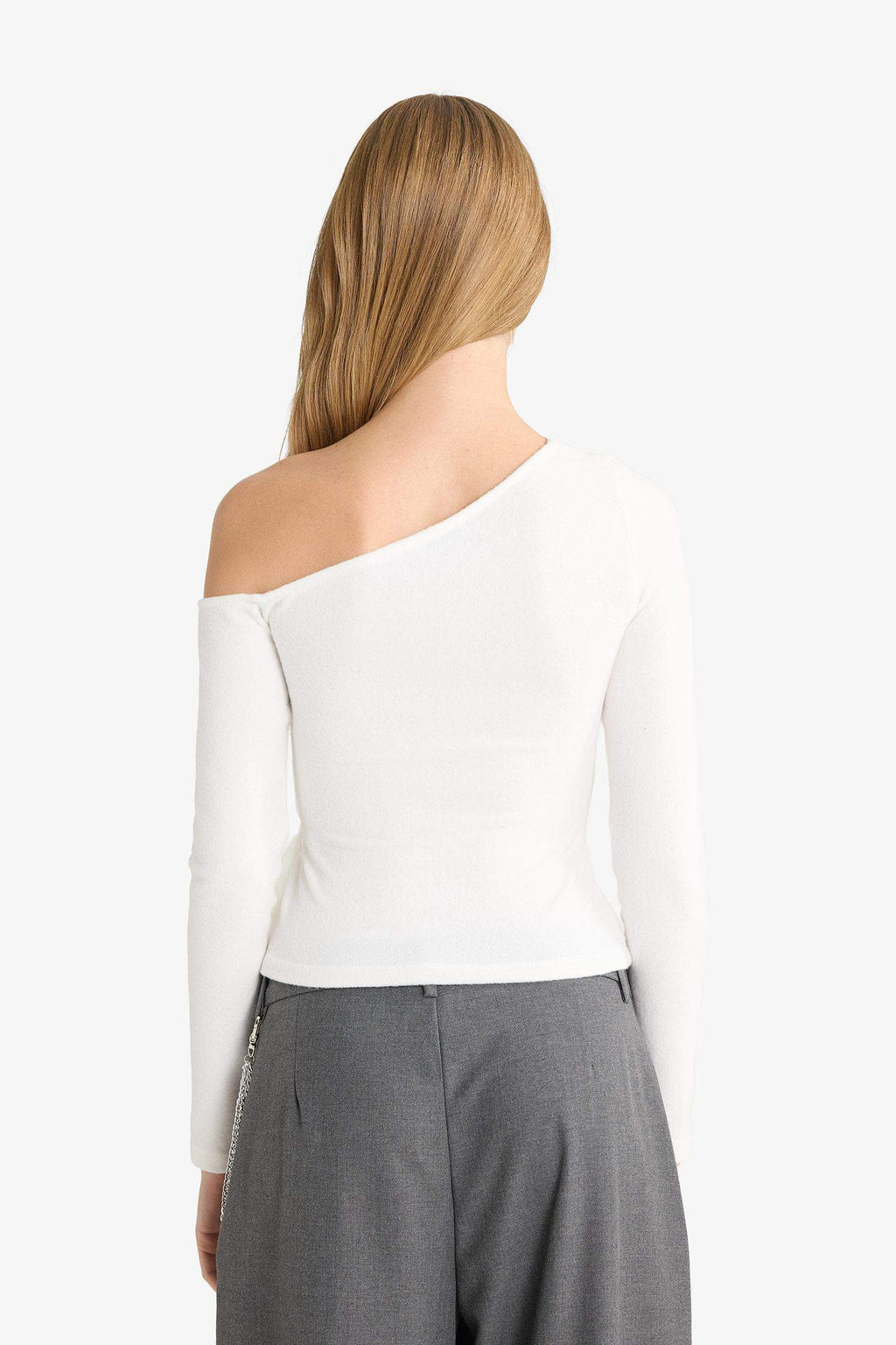 Fitted One-Shoulder Blouse with Tie Detail and Long Sleeves