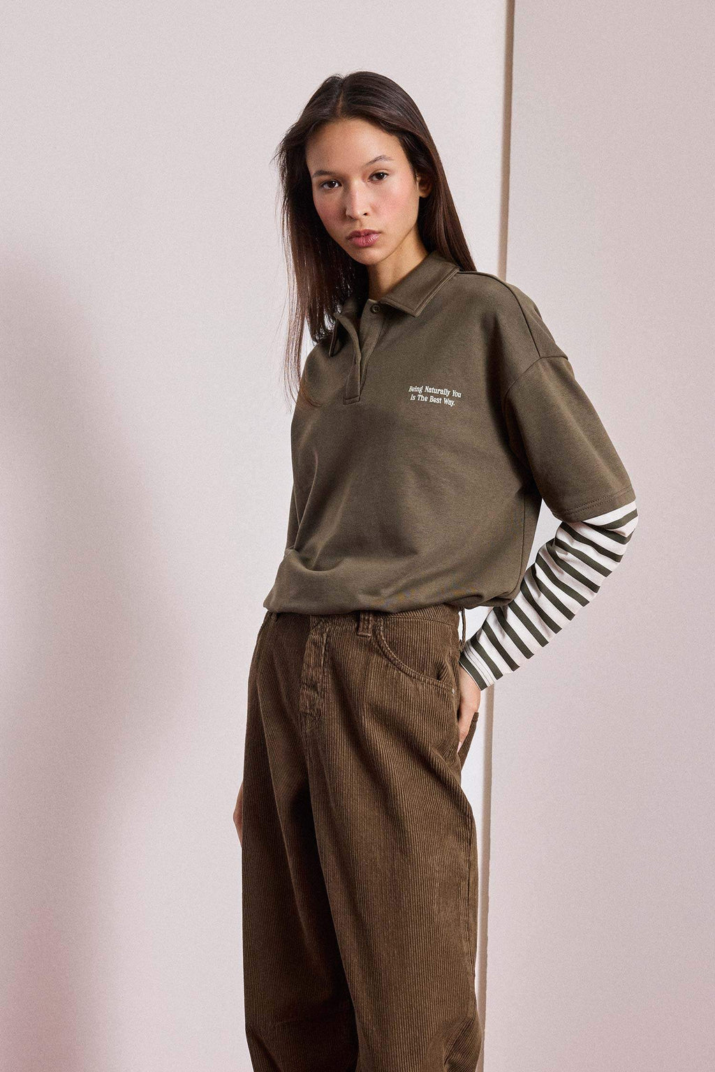 Loose Fit Polo Collar Printed Long Sleeve T-Shirt