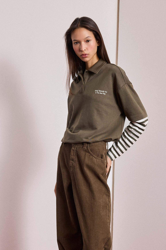 Loose Fit Polo Collar Printed Long Sleeve T-Shirt Hover Image