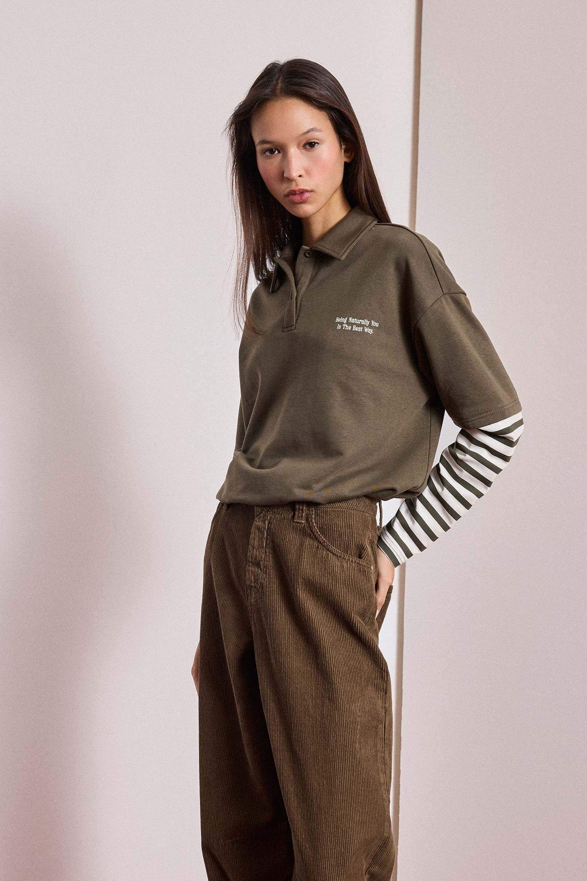 Loose Fit Polo Collar Printed Long Sleeve T-Shirt