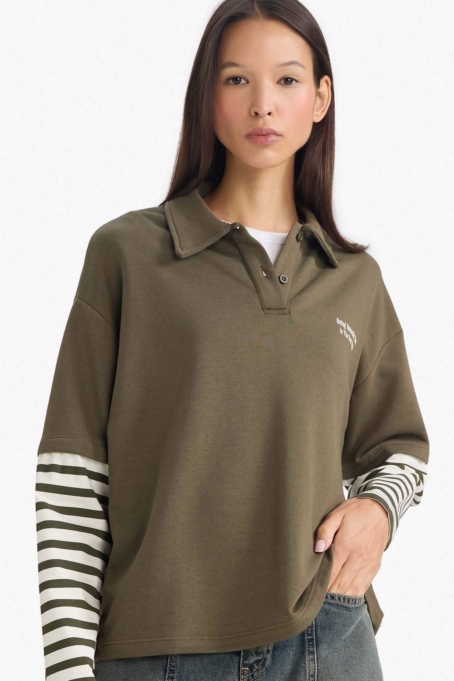 Loose Fit Polo Collar Printed Long Sleeve T-Shirt